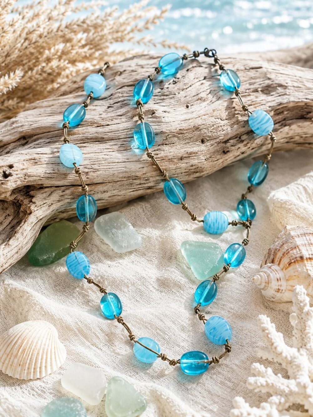 Blue Glass Bead Necklace Hand Linked Rope Coastal Artisan Long Strand Jewelry